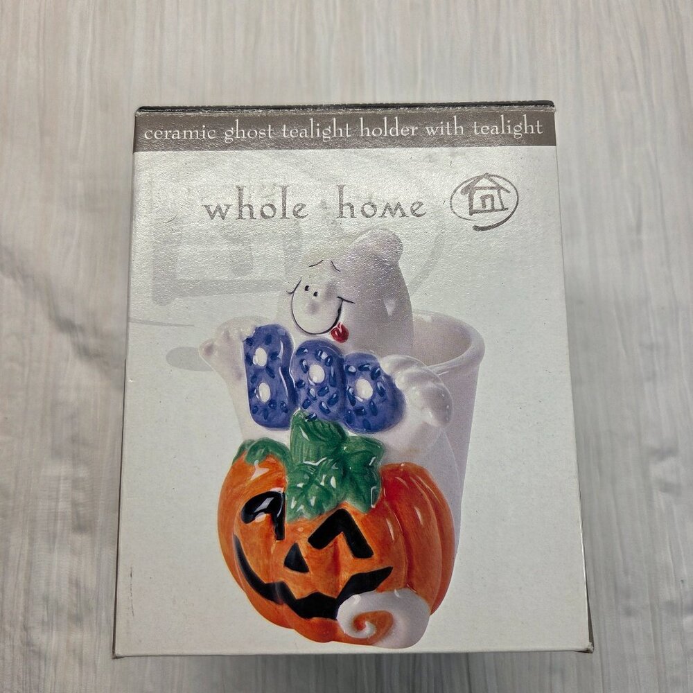 Whole Home White Orange Boo Ceramic Ghost Tealight Holder with Tealight